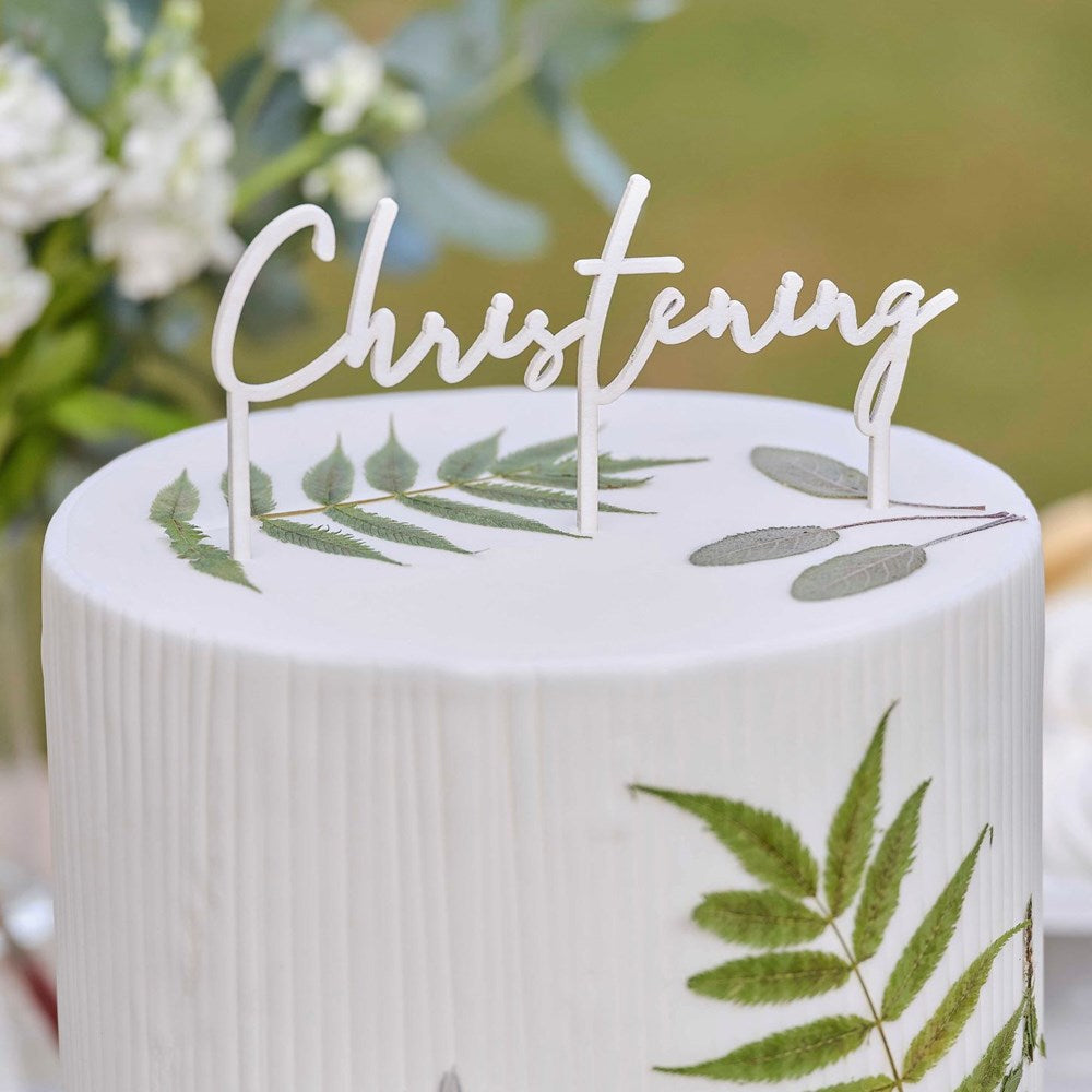 Christening White Wooden Cake Topper on botanical cake