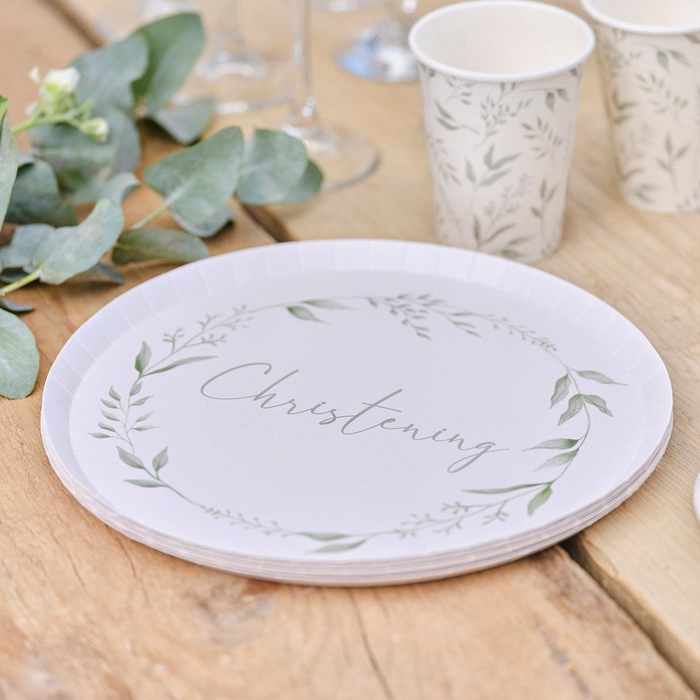 Ginger Ray Christening White & Green Paper Plates  on Wooden Table