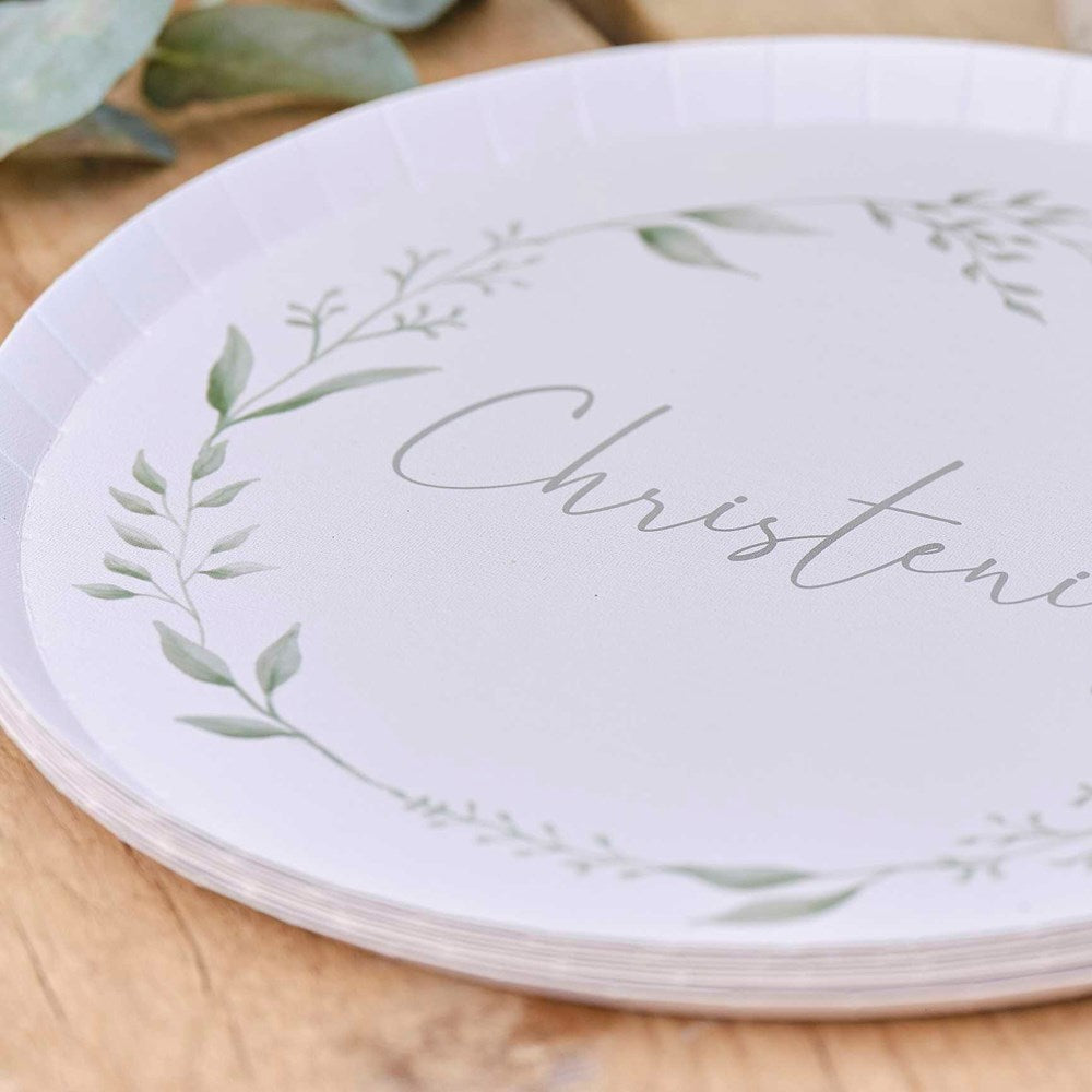 Ginger Ray Christening White & Green Paper Plates  with details