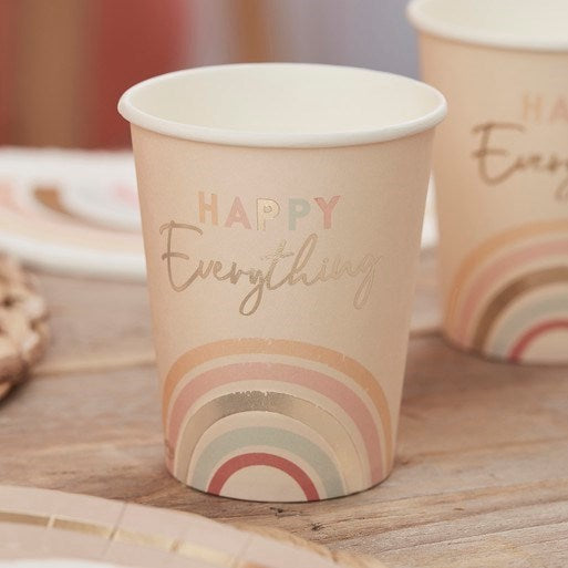 Ginger Ray Happy Everything Natrual Rainbow Birthday Party Cups (PK8) on wooden table