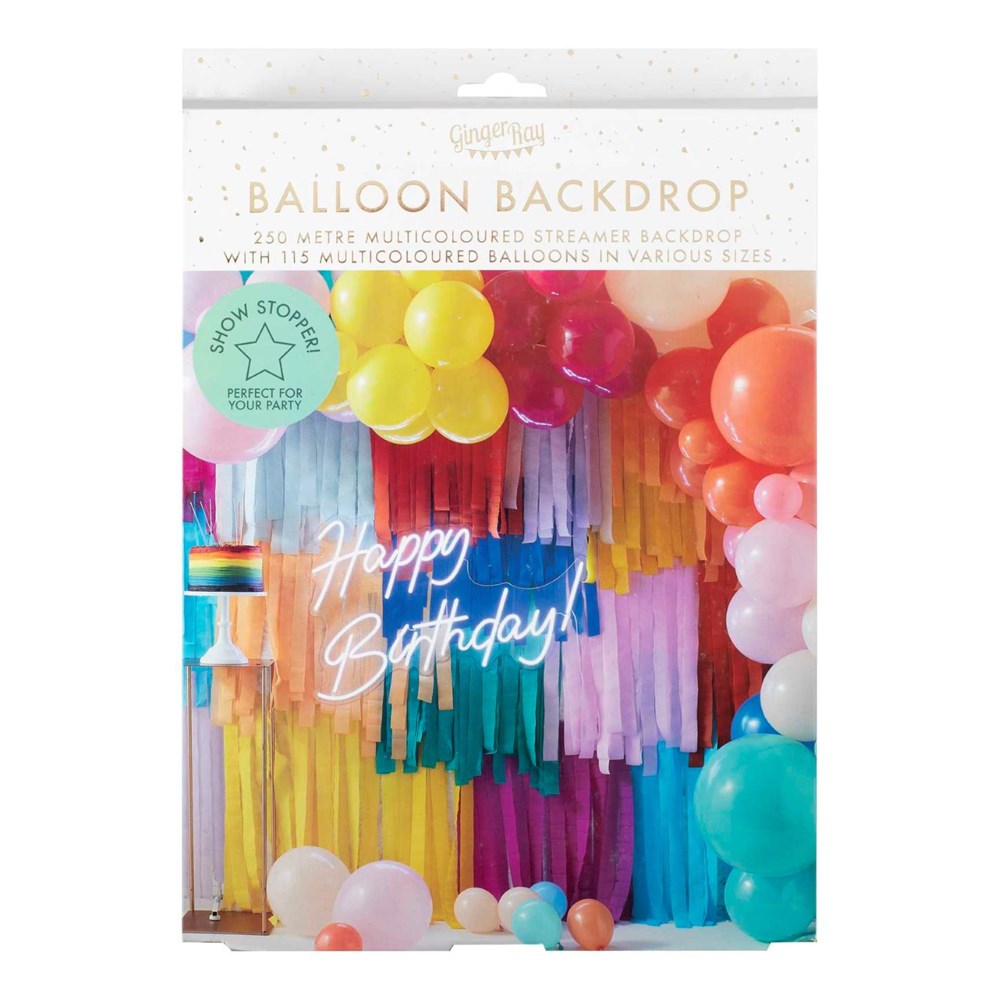 Ginger Ray Mix It Up Bright Color Backdrop Kit with Layered Streamers & Balloon Arch in Package