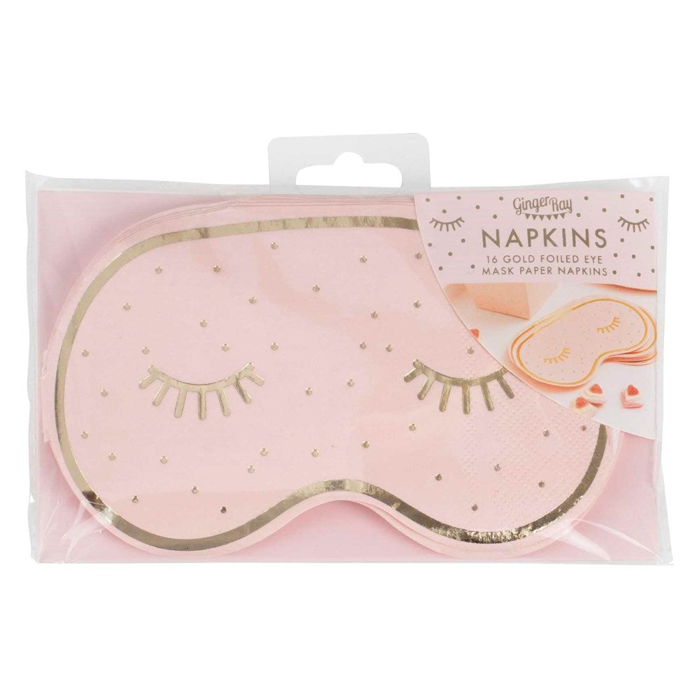 Ginger Ray Pamper Party Gold Foiled and Pink Eye Mask Shaped Napkins (PK16) in package