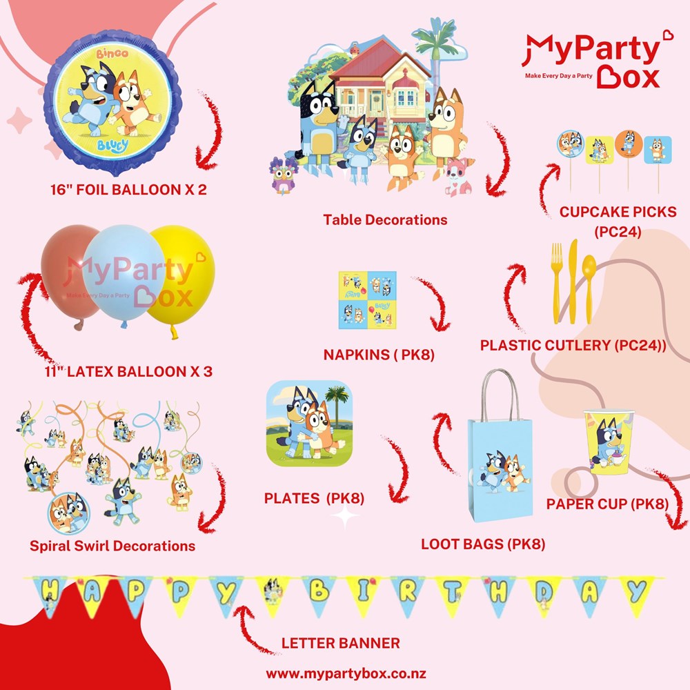My Party Box Blue Party Box Package includes Foil Balloons, Table Decorations, Cupcake Picks, Latex Balloons, Napkins, cutlery , Spiral Swirl Decorations, Plates, Loot Bags, cups, Letter Banner