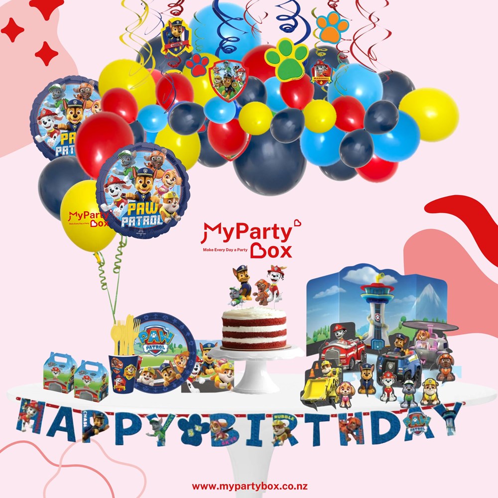 My Party Box Paw Patrol Party Supplies Package with assorted Paw patrol theme party supplies with balloon garland