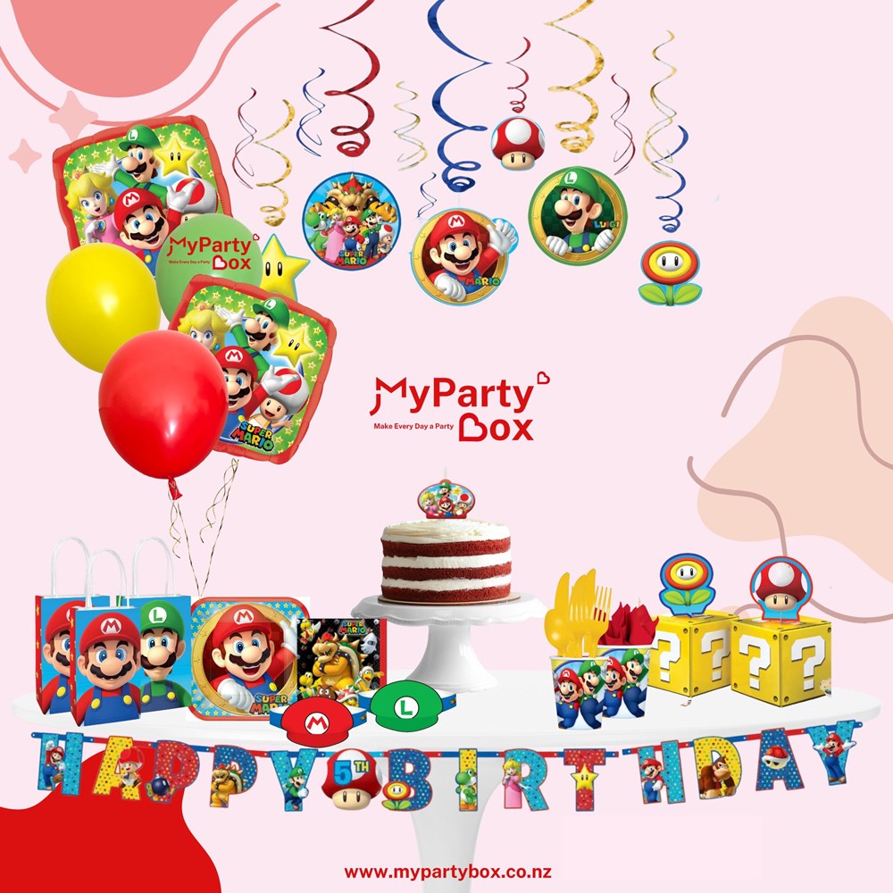My Party Box Super Mario Brothers Party Box with assorted super Mario bro party supplies 