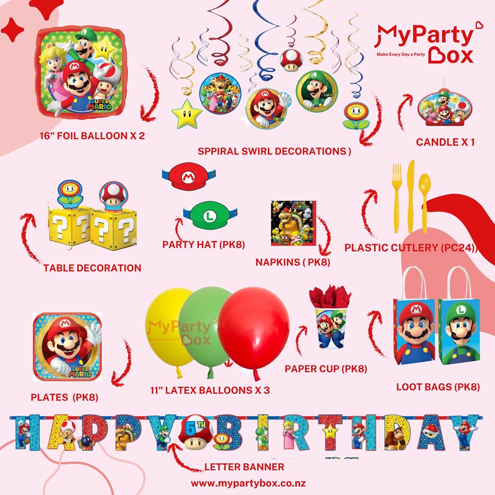 My Party Box Super Mario Brothers Party Box with assorted super Mario bro party supplies 