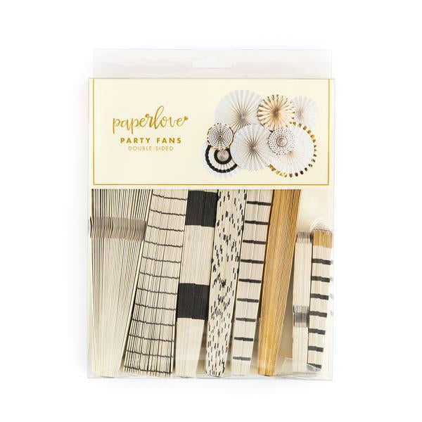 My Mind's Eye White, Black and Gold Party Fan Set in Package