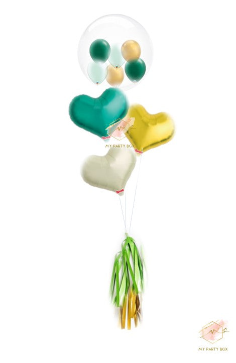 My Party Box Bubble Gum Balloon Bouquet with one bubble balloon with mini latex balloon inside and one Green foil heart balloon, one Gold foil heart balloon and Ivory Foil Heart Balloon