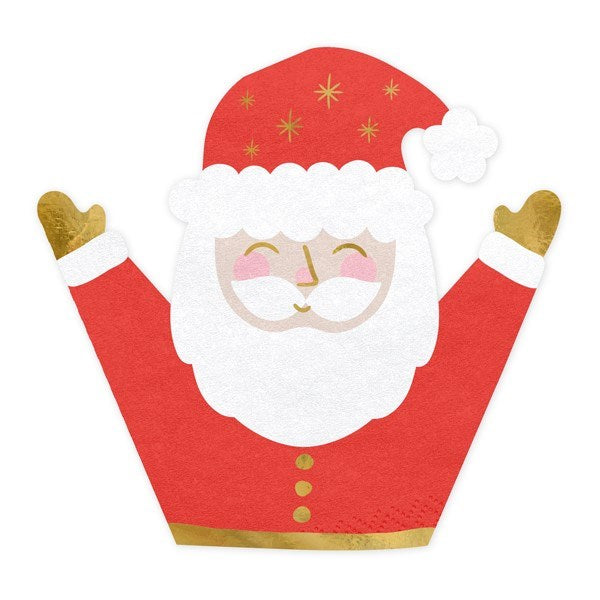 Die-cut Santa Claus paper napkin with gold foil mittens and star details.