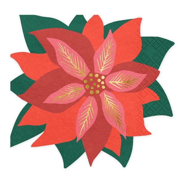 Die-cut red and pink Christmas poinsettia flower paper napkin with gold foil accents.
