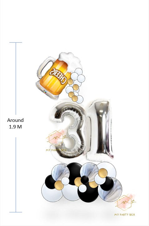Black Beer Balloon Bouquet with Silver Number Balloons and Beer Mug Balloon  dimension