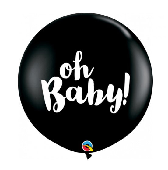 Qualatex 3ft (90cm) Oh Baby Black Gender Reveal and Baby Shower Super Jumbo Round Latex Balloon