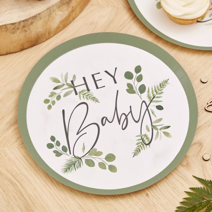 Ginger Ray Botanical Hey Baby Plate (PK8) on Wooden Table