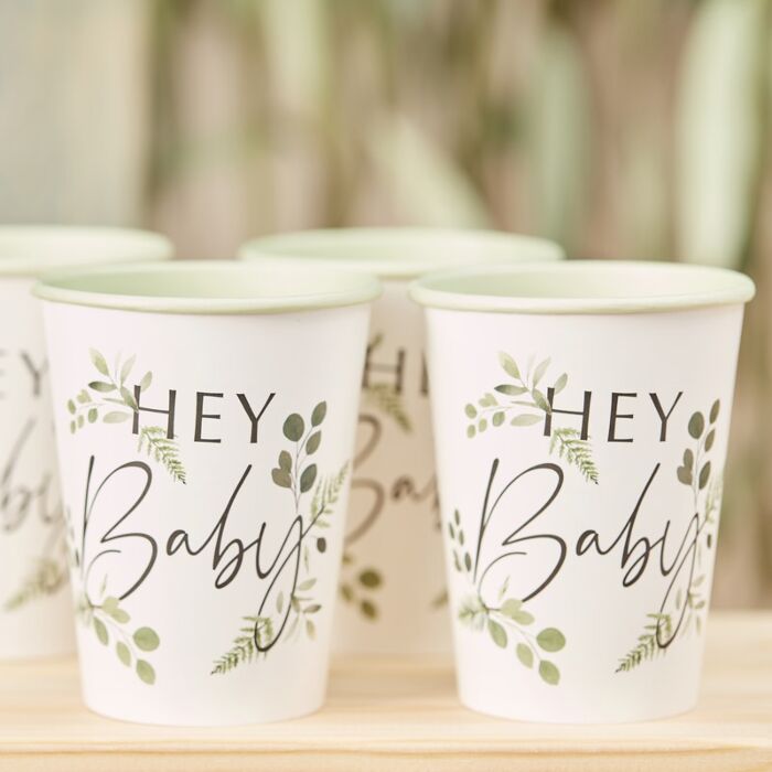 Ginger Ray Botanical hey Baby Cups on wooden table