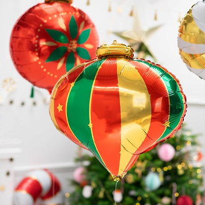 Party Decor Christmas Bauble Foil Balloon hanging on wall with other christmas decoration balloons