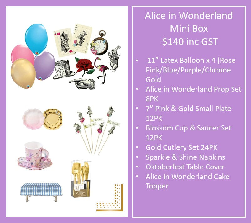 Mini Alice in Wonderland Party Box with Balloons, props, pink and gold plates, Alice in Wonderland cake topper, Blossom Cup & Saucer Set, Gold Cutlery and Oktoberfest Table Cover
