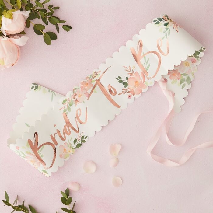 Ginger Ray Floral Hen Party Bride to Be Sash on Pink background