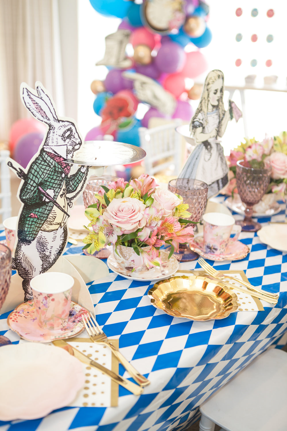 Alice IN Wonderland Party Table Set up with Prop , Flower and tableware