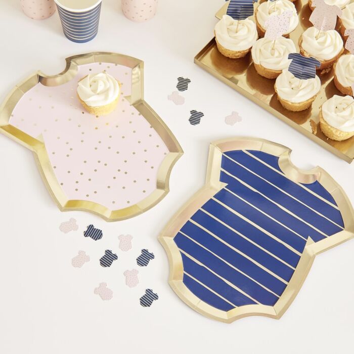 Gender Reveal Gold Foiled Pink and Navy Baby Grow Shaped Mixed Plates (PK8)