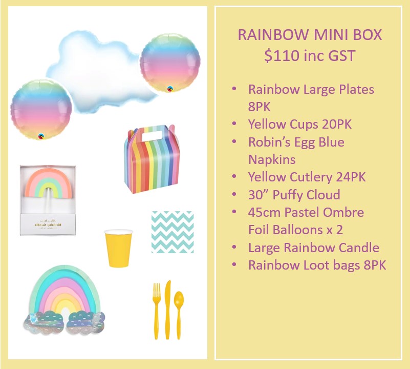 My Mind's Eye Rainbow Mini Box with assorted rainbow theme party supplies 