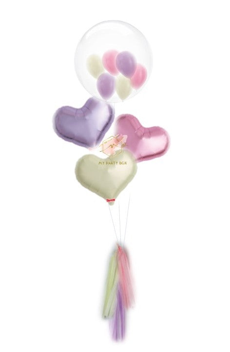 My Party Box Bubble Gum Balloon Bouquet with one bubble balloon with mini latex balloon inside and one metallic Pink foil heart balloon, one Metallic Purple foil heart balloon and one Metallic yellow  Heart Balloon