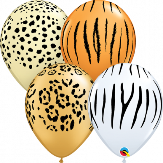 Qualatex 5" 12cm Safari Print Mini Latex Balloon with  Ivory Cheetah Print, Orange Tiger Print, Gold Leopard Print and Black and White Zebra Print